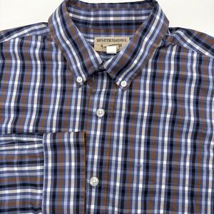 Duluth Trading Co Button Down Mens L Blue WrinkleFighter Plaid Long Sleeve Shirt